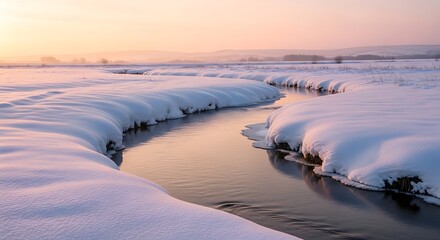 Frozen river winding through snow covered landscape at sunrise
