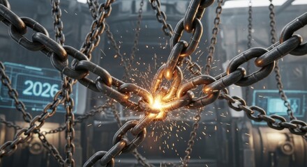 Chains breaking sparks flying futuristic machinery year 2026