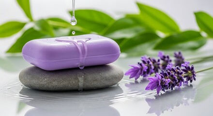 Lavender soap bar stacked on stones with water drops and lavender sprigs