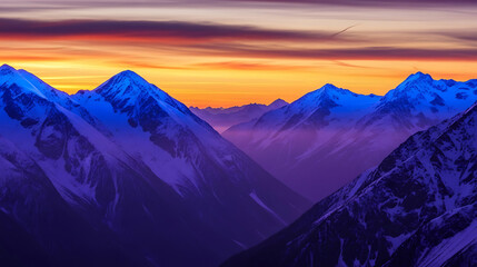 Snowy mountain peaks glow at sunset in the austrian alps