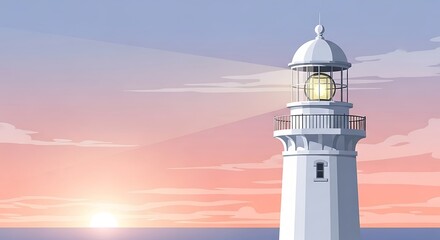 Classic white lighthouse glowing at sunset over the ocean