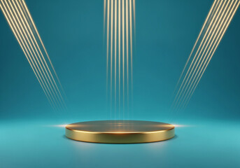 Golden podium with dramatic spotlights on a teal background, perfect for product display and award ceremonies