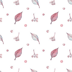 Watercolor seamless pattern with leaves and berries. Print with pink and purple leaves and pink-purple berries. Black chokeberry, rowan berries. Design for wrapping paper, textiles.