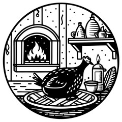 Fototapeta premium Black and white illustration of a chicken in front of a fireplace indoors