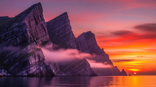 Beautiful sunset over the mountains with fog in norway, scandinavia