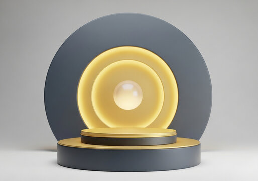 A futuristic golden podium with concentric glowing yellow circles and a dark gray backdrop, perfect for product display - Powered by Adobe