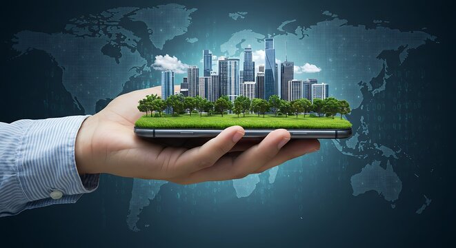A hand holds a smartphone displaying a miniature green city with skyscrapers and trees, set against a world map backdrop, symbolizing global sustainability and smart urban development