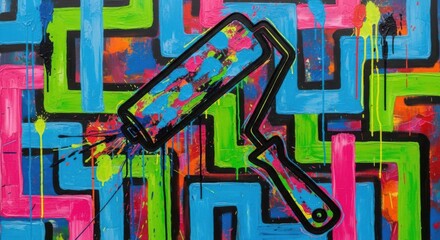 Bold Abstract Painting with Roller and Vibrant Geometric Patterns