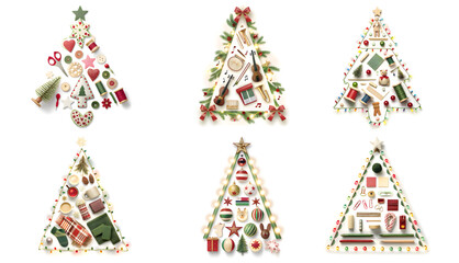 Six christmas trees arranged on a white background each decorated with different themed objects neatly placed