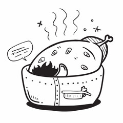 Hand drawn illustration of a turkey being cooked in a pot isolated on