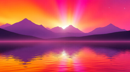 Colorful sunset over the mountains and lake with reflections