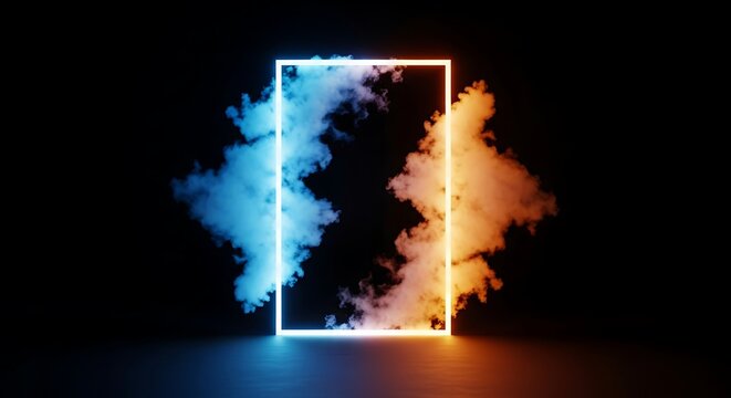 Glowing neon rectangle frame with blue and orange smoke against black background
