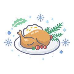 Roasted turkey on a plate with garnish isolated on