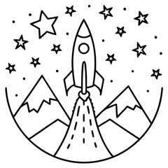 Rocket launching over mountains surrounded by stars isolated on