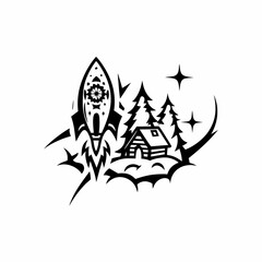 Rocket ship launching from a cabin in the woods isolated on
