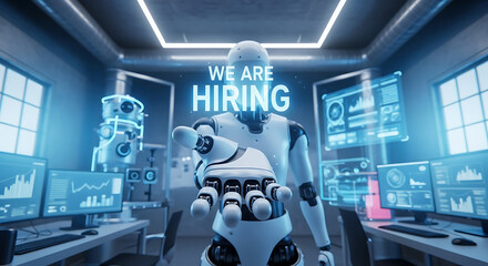 Robots Hiring Concept – Futuristic Recruitment Copy Space Poster, robot hiring, futuristic recruitment, AI hiring, recruitment poster, hiring concept, copy space design, robot workforce, digital hire
