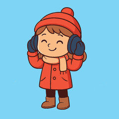 Smiling Cartoon Girl in Winter Outfit with Earmuffs and Scarf.