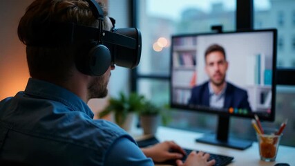 A man wearing a virtual reality headset sits at a desk, participating in a business video conference on a computer, embracing modern technology for remote communication. - Powered by Adobe