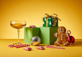 A festive holiday scene featuring a gingerbread man, candy canes, a gift, and a glass of champagne, all arranged on a vibrant yellow background
