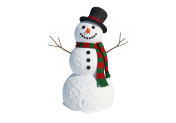 A festive snowman character wearing a black top hat and a red and green striped scarf isolated on transparent background