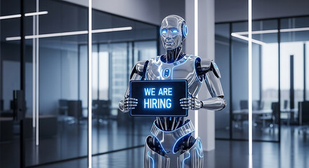 Robots Hiring Concept – Futuristic Recruitment Copy Space Poster, robot hiring, futuristic recruitment, AI hiring, recruitment poster, hiring concept, copy space design, robot workforce, digital hire
