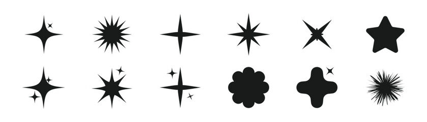 Collection of black starburst and sparkle graphic elements on white background shine glitter