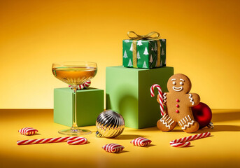 Festive holiday scene with gingerbread man, candy canes, champagne, and a gift box on a vibrant yellow background