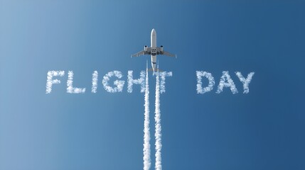 Low Angle View of Jetliner and "Flight Day" Cloud Text