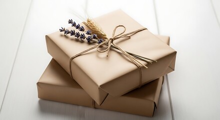 Two beautifully wrapped gifts with natural twine and dried lavender sprigs