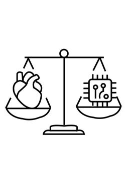 Ethical Dilemma Balance Scale: Heart vs. Microchip. Symbol of AI Ethics, Data Privacy, and Technology Regulation.
