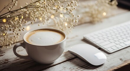 Cozy coffee break with computer and warm fairy lights