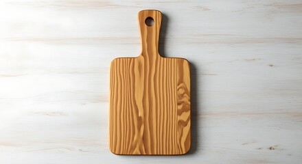Rustic wooden cutting board with handle on a light textured background