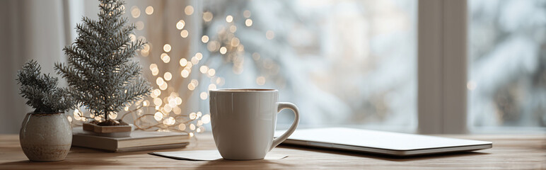 Cozy Holiday Home Office Desk with Laptop, Mug, and Christmas Decor