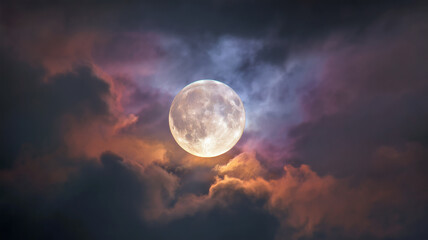Full Moon planet concept poster background. Full moon in night clouds - a mystical landscape. Digital photo illustration. 