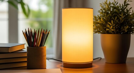 Warm glowing cylinder lamp on a desk with books and plants
