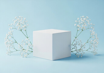 A minimalist white cube pedestal adorned with delicate white babys breath flowers on a soft blue background