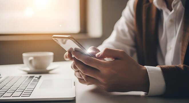 Close up of hands holding a smartphone with a laptop and coffee cup in the background