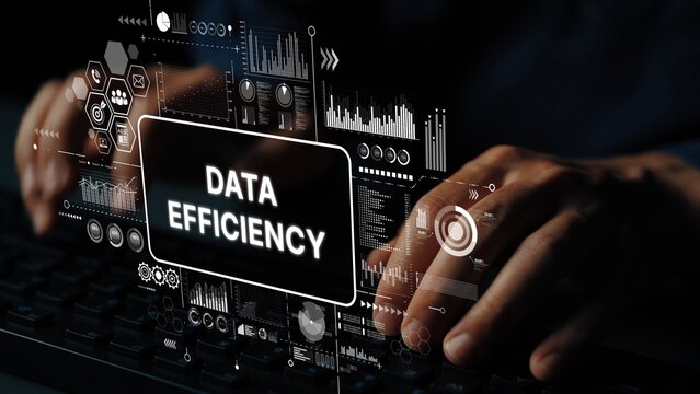 Hands Typing on Keyboard with Futuristic Data Efficiency Interface and Graphical Annotations for Modern Technology Concept. Asymptotic smart data analytic. - Powered by Adobe