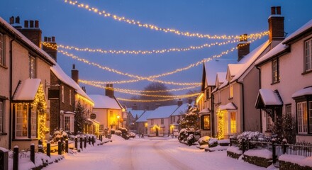 Cozy Snowy Village Street Lined With Warm Christmas Lights