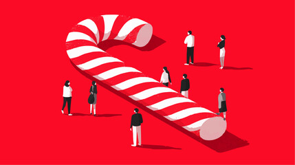 An enormous candy cane with tiny people leaning on it for festive retail displays and holiday packaging design