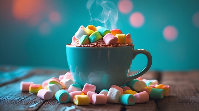 Cozy hot chocolate colorful marshmallow steam delight images - Powered by Adobe
