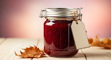 Homemade berry jam in a glass jar with a blank label and autumn leaves