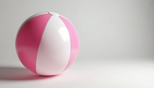Pink, white inflatable beach ball isolated on clean background. Striped plastic toy for summer game, holiday fun. Round object for kids play at seaside pool party. Simple minimalist sphere with copy