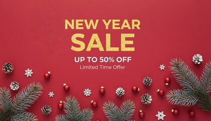 New year sale up to 50 percent off with festive decorations and christmas tree branches