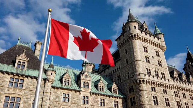 Majestic Canadian Flag waves proudly in front of Parliament Hill, a symbol of national pride and heritage