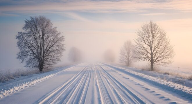 Serene snow-covered road vanishing into soft, misty winter light.