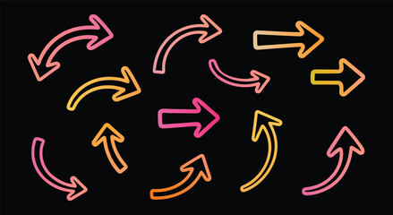 Collection of gradient arrows pointing in various directions on black background sign symbol
