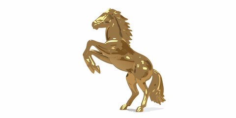 A gleaming golden horse statue rearing up on its hind legs against a clean white background