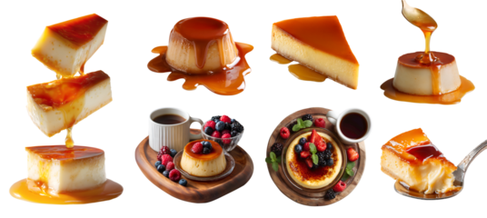 Set of Crème caramel, flan, caramel condensed milk pudding, custard creamy baked dessert, stack broken slice pile, wooden serving board, transparent cutout PNG. Mockup template for artwork