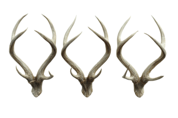 Three detailed deer antlers against a black background.  Each antler displays intricate branching patterns and a light beige/gray color
